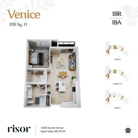 Floor plan for 1 bed, 1 bath, 1007 sqft
